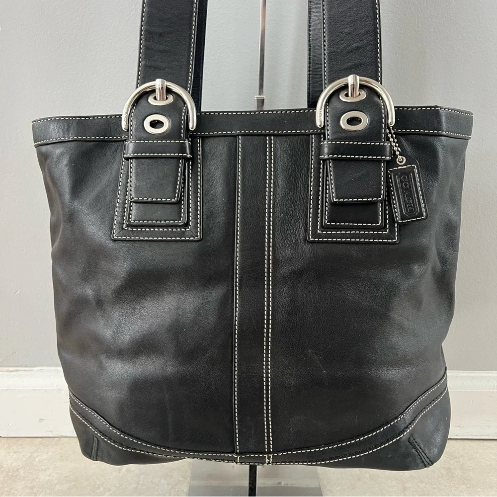 Coach Black Leather Tote with White Stitching
